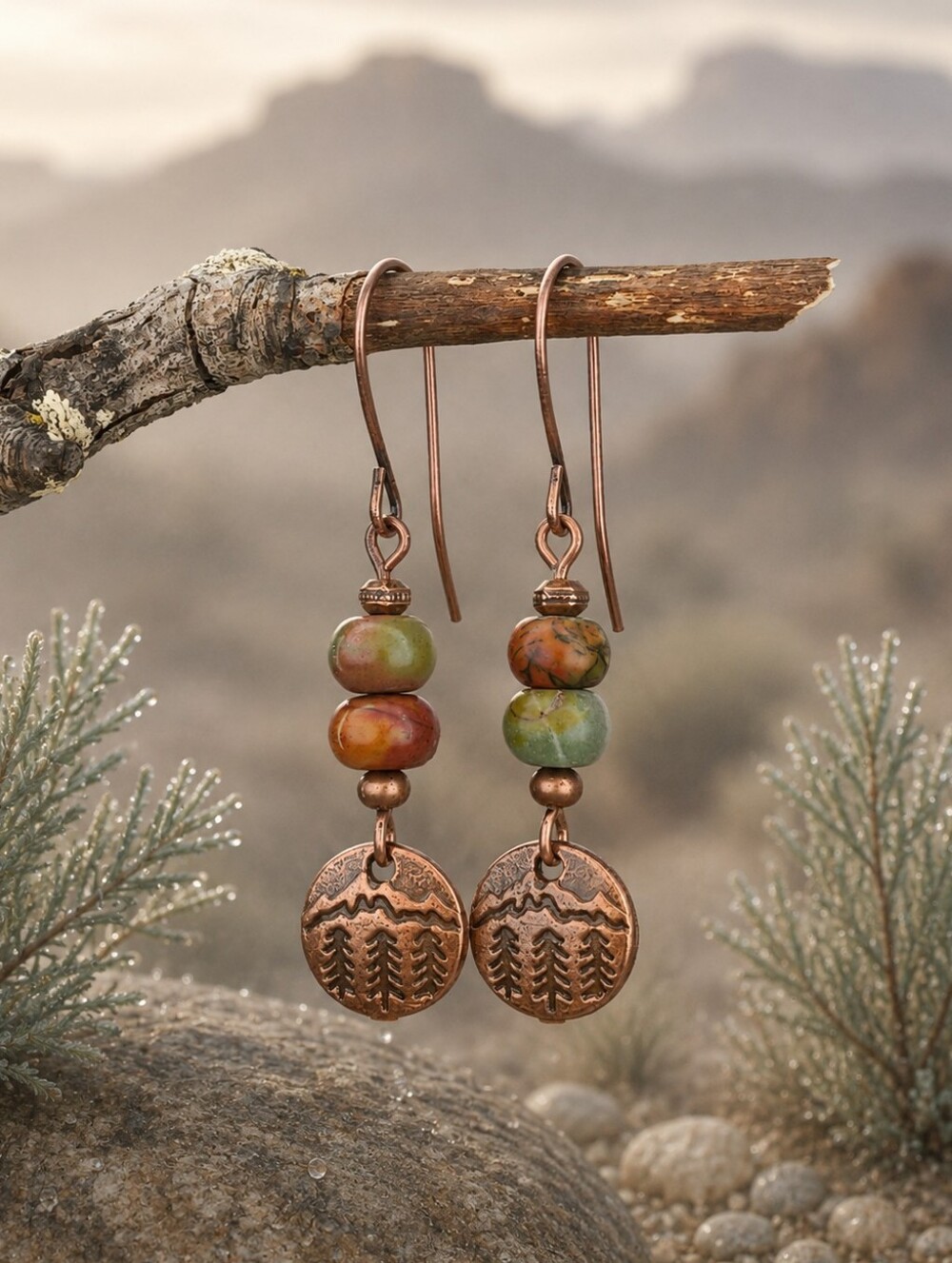 Red Creek Jasper Earrings Copper Mountain Pine Tree Nature Hand Crafted